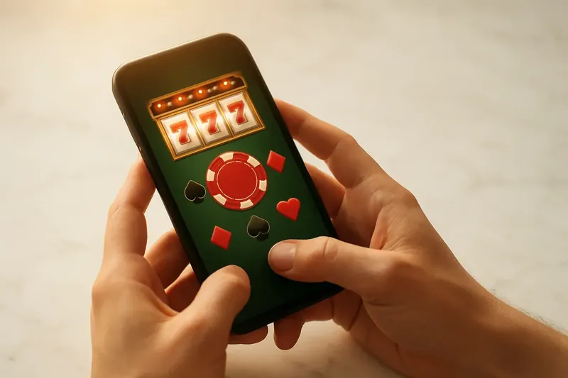 Hands holding smartphone with casino app on white marble surface