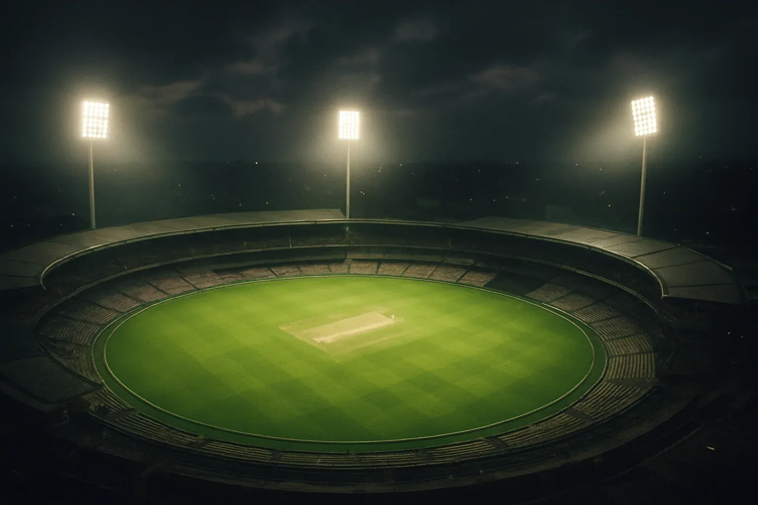 Aerial night view of cricket stadium with floodlights and vibrant green pitch