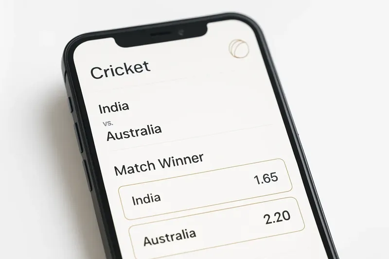 Modern sports betting app mockup on phone showing cricket match odds
