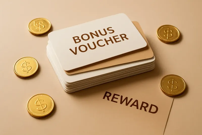 Stack of casino bonus vouchers and reward cards with gold coins on desk