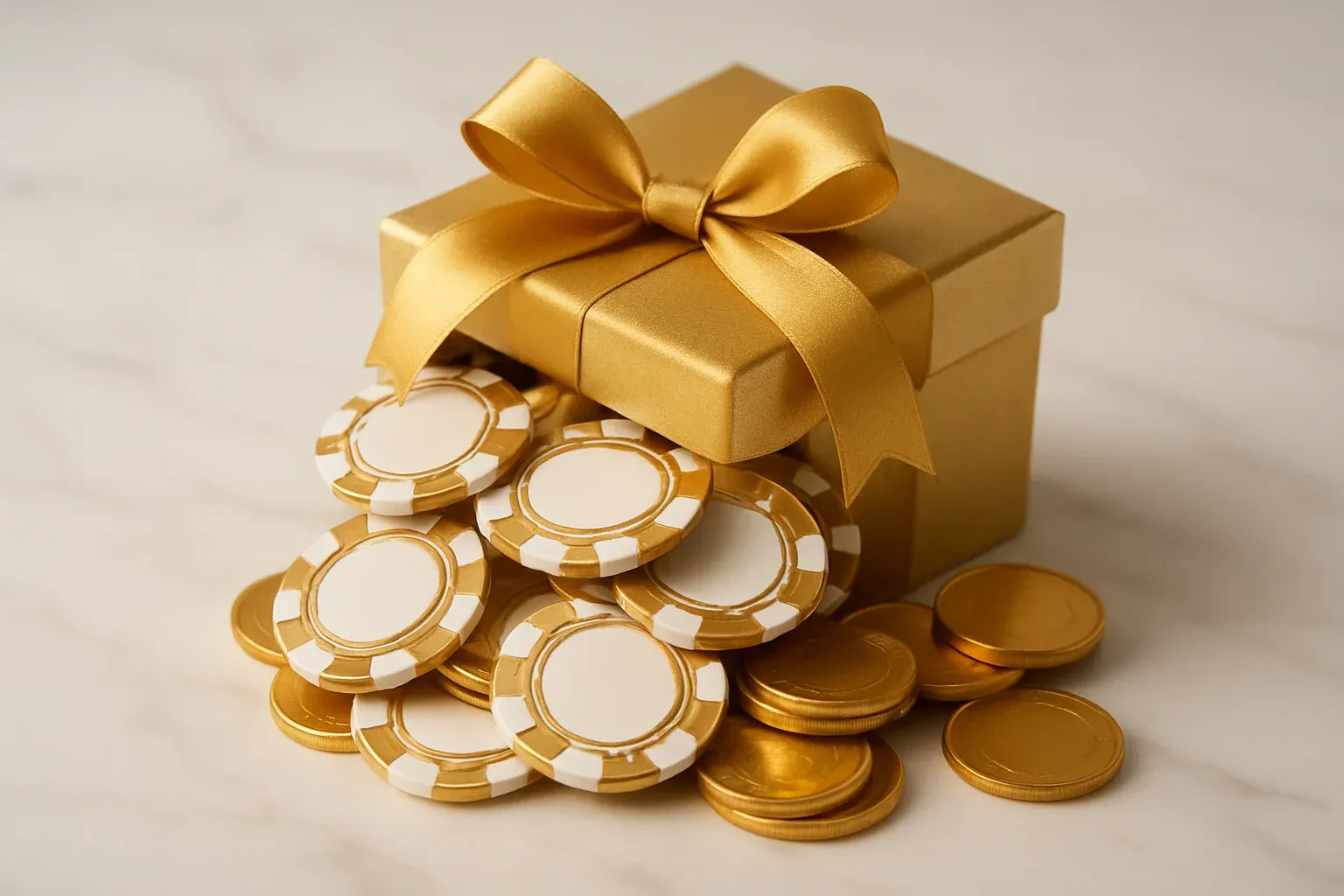 Golden gift box overflowing with poker chips and gold coins