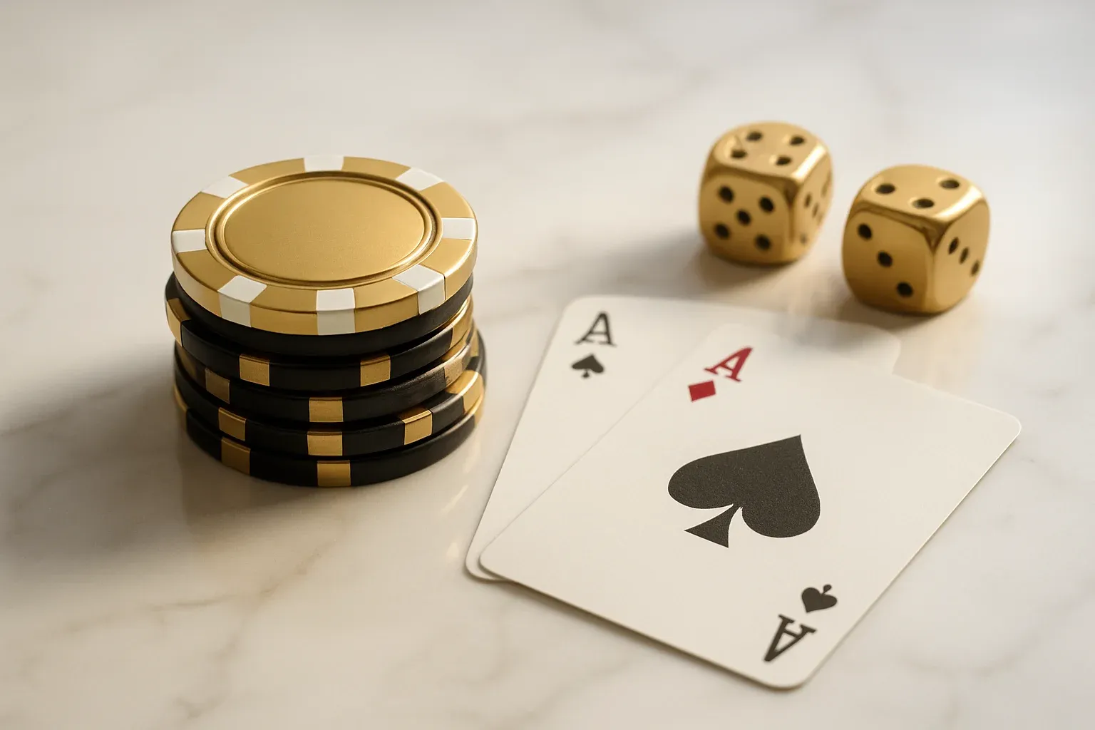 Elegant casino chips, cards and dice on white marble with gold accents