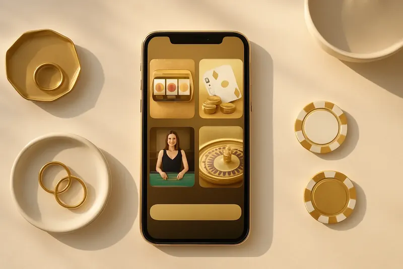 Mobile phone displaying casino app with slots and live games