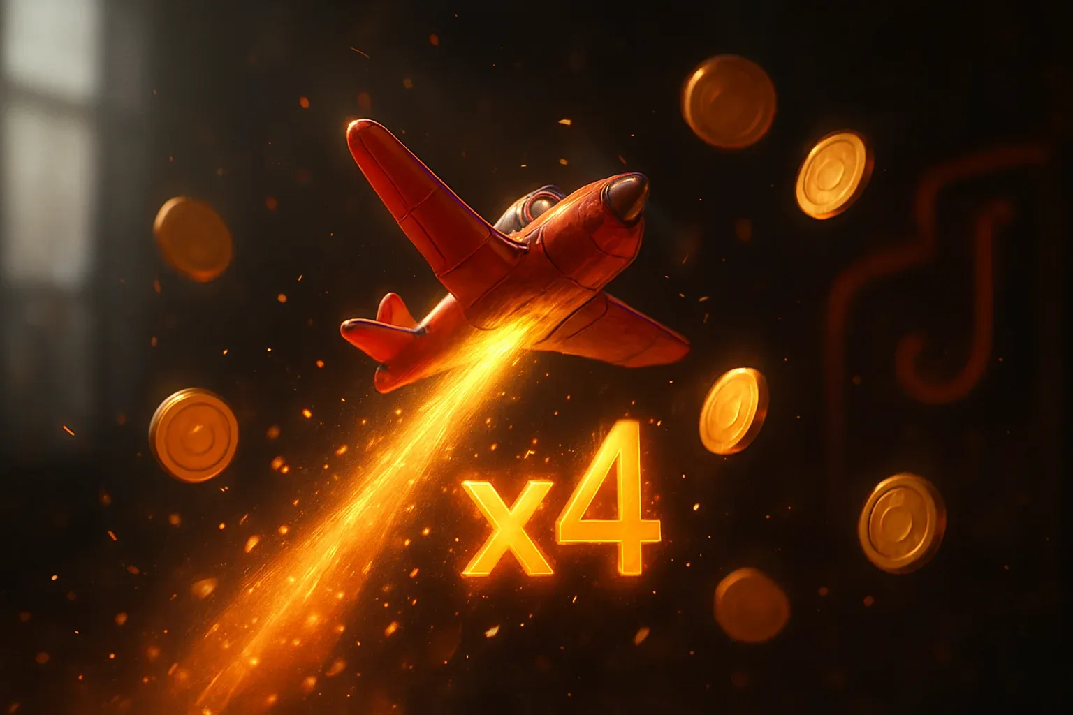 Small red airplane climbing with glowing multiplier trail, coins and sparks