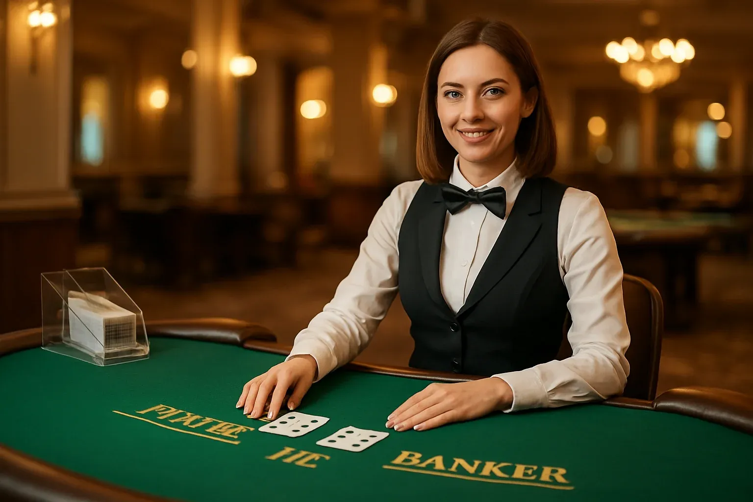 Professional female dealer at elegant live baccarat table in casino