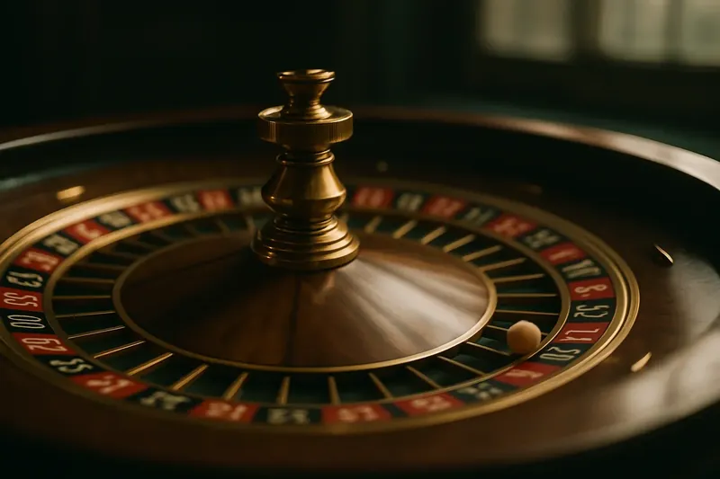 Close-up live roulette wheel spinning in dramatic gold and dark green light