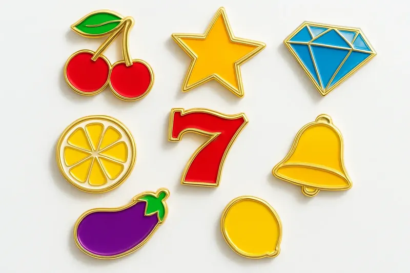 Assorted slot game icons with fruit, diamonds, lucky 7s, and stars