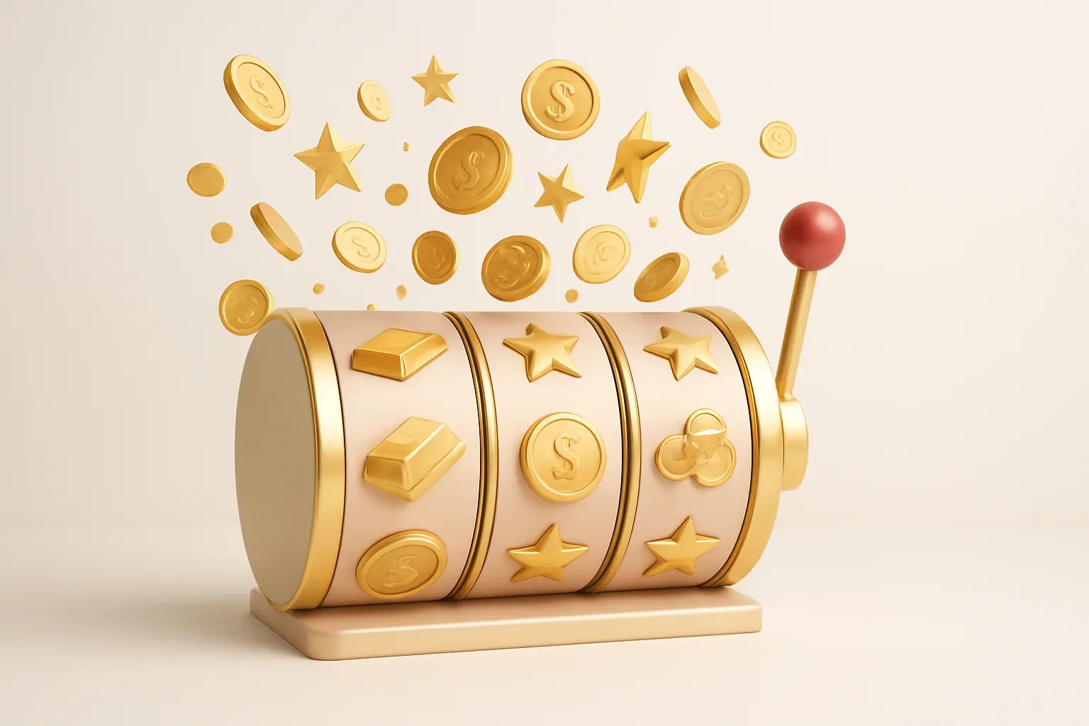 Colorful casino slot reels with gold symbols, coins, and stars bursting